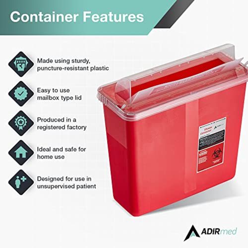 Features: DURABLE CONSTRUCTION. this container is made using sturdy, puncture-resistant plastic. To ensure secure disposal of sharps waste, EASY TO USE - Designed with a horizontal, mailbox-style lid so needles can be dropped in the container without direct contact of the outside APPROVED - Sharps Containers are produced in a registered factory SAFE FOR HOME- Ideal for home use where you are generating larger amounts of waste CAN BE USED IN UNSUPERVISED AREAS- Designed for use in unsupervised patient areas