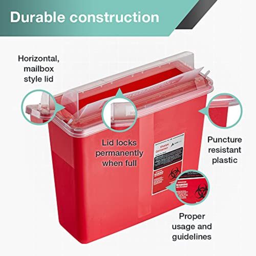 Features: DURABLE CONSTRUCTION. this container is made using sturdy, puncture-resistant plastic. To ensure secure disposal of sharps waste, EASY TO USE - Designed with a horizontal, mailbox-style lid so needles can be dropped in the container without direct contact of the outside APPROVED - Sharps Containers are produced in a registered factory SAFE FOR HOME- Ideal for home use where you are generating larger amounts of waste CAN BE USED IN UNSUPERVISED AREAS- Designed for use in unsupervised patient areas